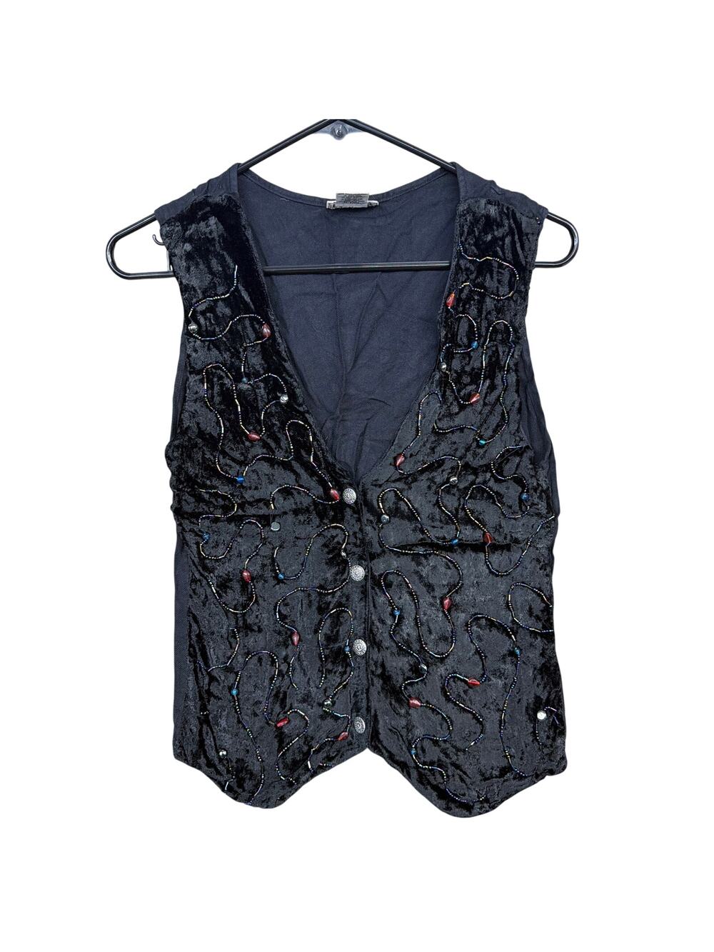 Vintage Mona Lisa Womens Vest Black Rainbow Velour Jeweled V Neck Small